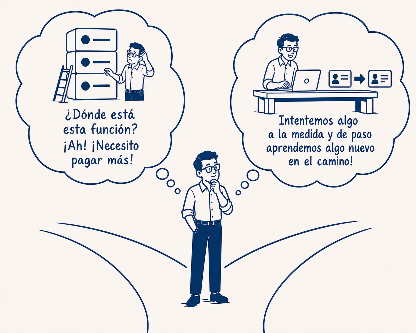Ilustración sobre decidir entre adaptar una herramienta existente o construir una solución propia